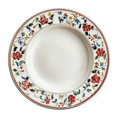 A top-down view of a plate with white botanical print, highlighting its elegant and natural design isolated on transparent background cutout png