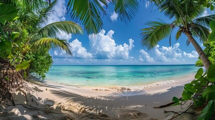 Tropical Paradise: Panoramic View of a Stunning Beach with Turquoise Waters and Palm Trees