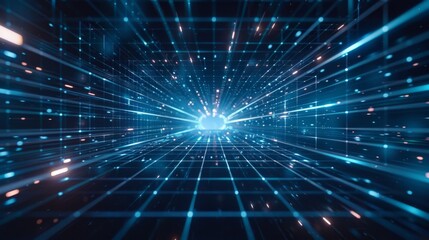 Obraz premium A futuristic background with blue and white grid lines, glowing light beams emanating from the center of the screen, creating an atmosphere reminiscent of advanced technology or digital innovation