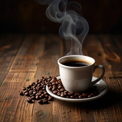 hot cup of coffee with beans. lifestyle copy space wooden background