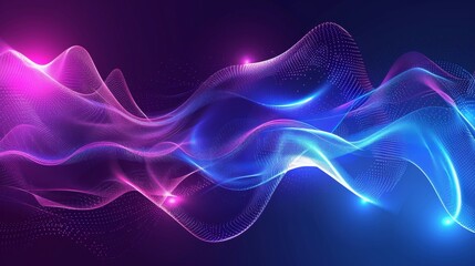 Abstract glowing neon light and sound wave background vector presentation design, blue purple white color scheme 