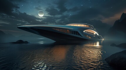 Obraz premium Modern yacht with sophisticated design minimalist appeal focus on futuristic composite night sky backdrop