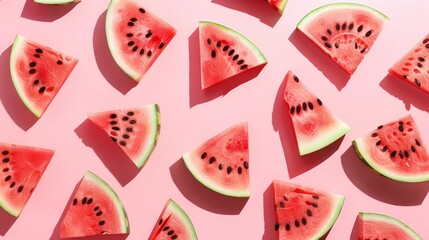 Pattern with ripe watermelon on pink background, top view, copy space, pop art design, photorealistic, vibrant, overlay, fun and playful