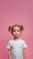 Naklejka premium Girl in pigtails with white t-shirt isolated on pink background. Mock up template for a t-shirt design print.00000