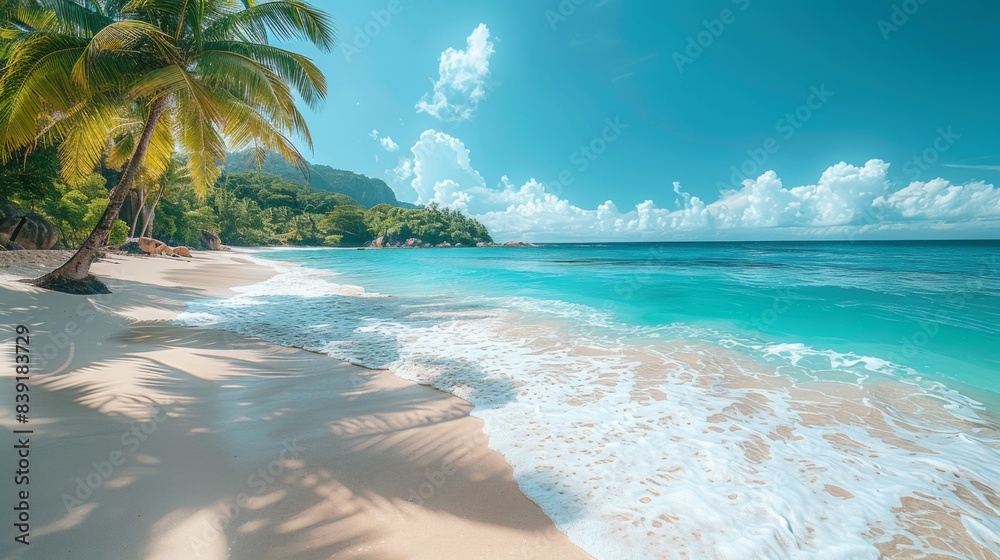 Wall mural beautiful tropical beach with palm trees and turquoise sea water on a sunny day, seychelles.