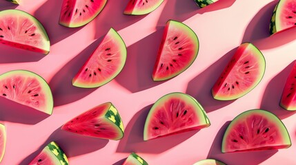 Ripe watermelon pattern, pink backdrop, top view, copy space, pop art design, photorealistic, surreal, fusion, vibrant look