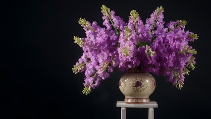 Fototapeta premium Beautiful purple summer flowers in a vase dark background