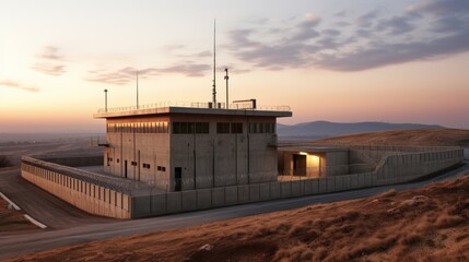 Obraz premium Top-secret military facility surrounded by barbed wire fence and high-tech alarm systems
