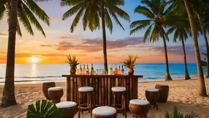 Fototapeta premium Create a vibrant tropical cocktail bar on the beach, with drinks served in coconuts and tiki torches casting a warm glow. Include bar stools made from bamboo and a beautiful sunset in the background
