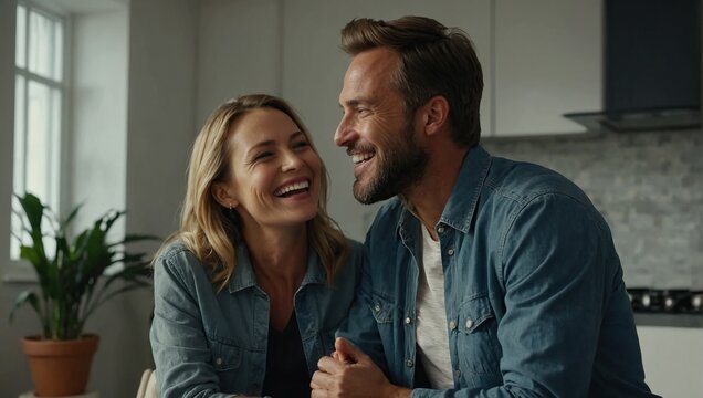  Happy, couple and sharing good news with celebration for promotion or announcement at home together. Smile, woman and man with job success, wow and career milestone with communication and discussion