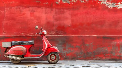 Vintage Red Scooter Parked Against Vibrant Wall on Grey Cobblestone Street