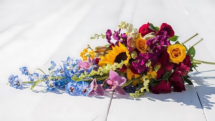 Multicolored flowers are lying composition from fresh flowers on a white background