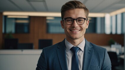 Fototapeta premium Head shot smiling confident young businessman executive wearing glasses and suit standing in modern office room, happy successful entrepreneur employee intern with arms crossed looking at camera