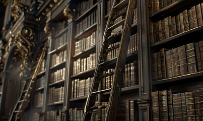 Classic dark wood shelves laden with countless books