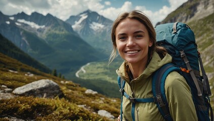 Hiker, mountain and portrait in environment for landscape, nature or adventure for extreme sport, travel and explore. Woman, smile and trail for recreation, hiking and journey with backpack on mockup