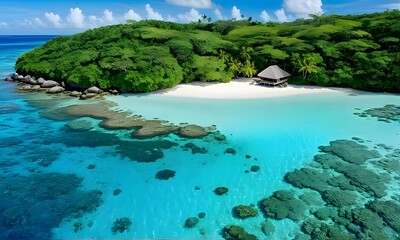 Fototapeta premium tropical island paradise with crystal-clear waters, colorful coral reefs visible below, and a small wooden hut on the beach surrounded by lush greenery