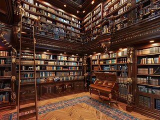 Fototapeta premium Classic dark wood shelves laden with countless books