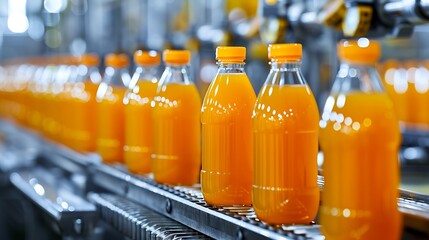 Industrial Food Production Line with Vibrant Orange Juice Bottles and Intricate Machinery