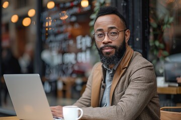 Fototapeta premium A professional headshot capturing a mixed-race individual with natural curly hair, thoughtfully gazing into the distance, exuding confidence and contemplation.