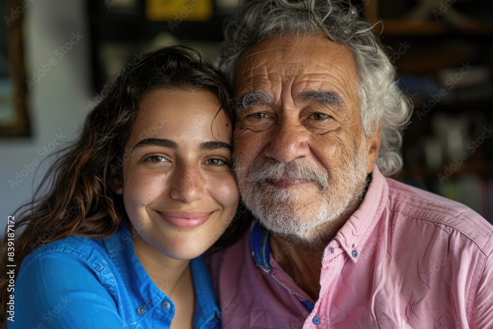 Wall mural closeup portrait of young woman holding older man happy family.