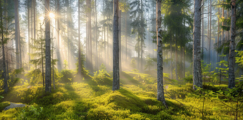 Obraz premium A dense, misty pine forest with tall trees and moss-covered ground, sunlight filtering through the fog creating a soft glow on the scene, sun rays