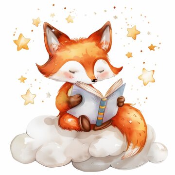recommend clip art: cute fox reading a book on a cloud, in the clipart style, white background, stars in the sky, cute cartoon design