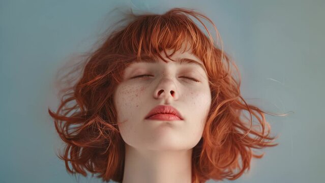 Cute girl with red bob hair, bangs and closed eyes smiling on blue background.