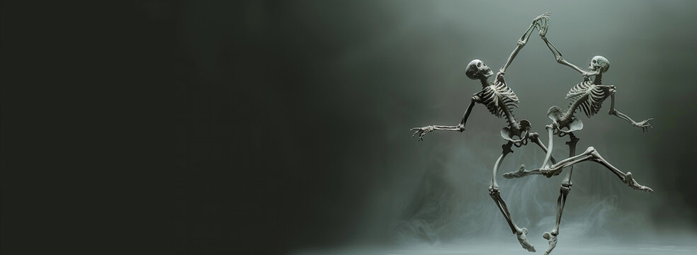 Two spooky skeletons couple jump dancing creepy dark black smoke fog mist Halloween background leap tango waltz ballroom dance studio pose rhythm skull bone smoky horror haunted dancer copy banner
