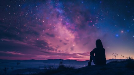 Fototapeta premium a person sitting on a hill watching the stars in the sky