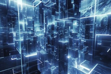 Obraz premium A digital art piece depicting an abstract cityscape made of glass blocks, illuminated in the style of dynamic blue and white lights that create streaks reminiscent of lightning or laser beams
