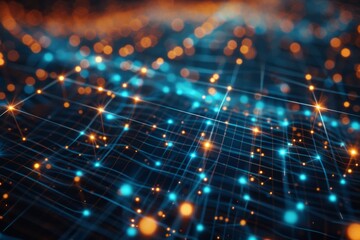 Obraz premium A digital grid background with blue and orange lights, representing the future of technology in data science