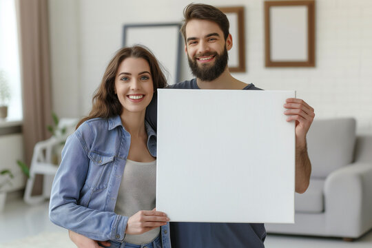 Proud attractive couple. Holding large empty white canvas in modern livingroom. Blurred background