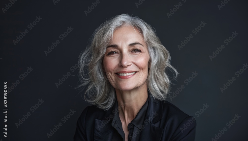 Wall mural elegant middle-aged woman with shoulder-length silver hair, smiling and standing confidently in fron - Wall murals