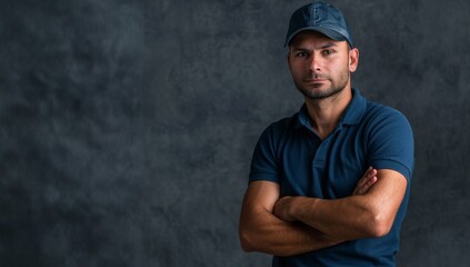 Male delivery driver wearing a blue polo shirt and cap, standing with his arms crossed on a dark grey background in a studio, he is looking at the camera