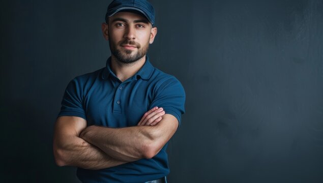 Male delivery driver wearing a blue polo shirt and cap, standing with his arms crossed on a dark grey background in a studio, he is looking at the camera - Powered by Adobe