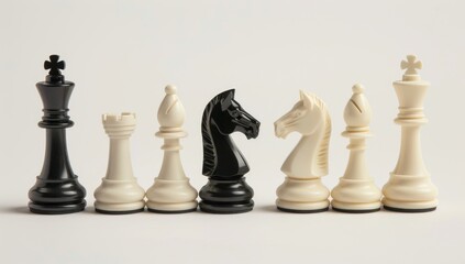A set of chess pieces arranged in an elegant display on white background, with each piece in black and cream colors. The composition is symmetrical