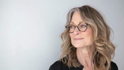 Attractive, confident middle aged woman with glasses looking to the side and smiling softly against a clean white background.