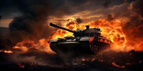 Desktop wallpaper of tank shooting in battle with explosions and fire. Concept Military Tanks, Explosive Warfare, Battle Scenes, War Photography, Desktop Wallpaper