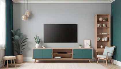 Mockup a wood cabinet television wall mounted with decoration in living room and white wall