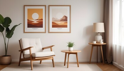 mock up poster frame in living room interior background with white armchair and wooden furniture
