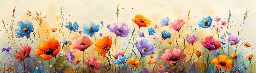 Naklejka premium Wildflower Meadow Vibrant pastels, mix of beautiful wildflowers, Watercolor, Bohemian, Lively