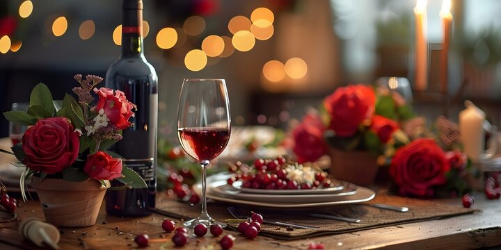 Romantic dinner setting with flowers wine candles on wooden table for two. Concept Romantic Dinner Setup, Intimate Dining Experience, Candlelit Ambience, Floral Table Decor, Wine Pairing