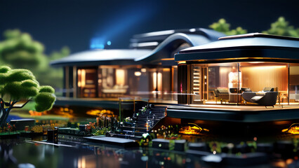luxurious house at night. It is illuminated inside and out, the architecture is characterized by smooth lines and a curved roof. macro style - Powered by Adobe
