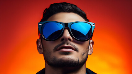 A man dressed in dark clothing and has dark hair is wearing sunglasses.