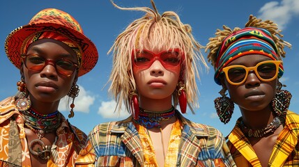 Three diverse models wearing colorful clothing and sunglasses against a blue sky.