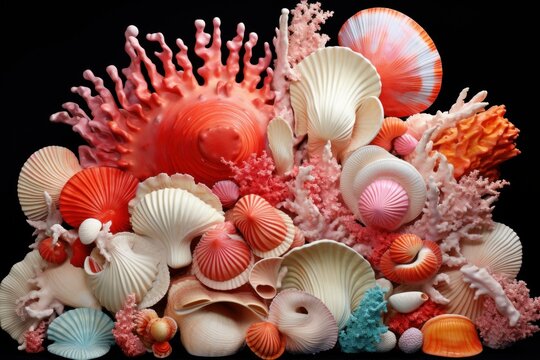 Vibrant collection of various sea shells and coral pieces artistically arranged on a dark backdrop