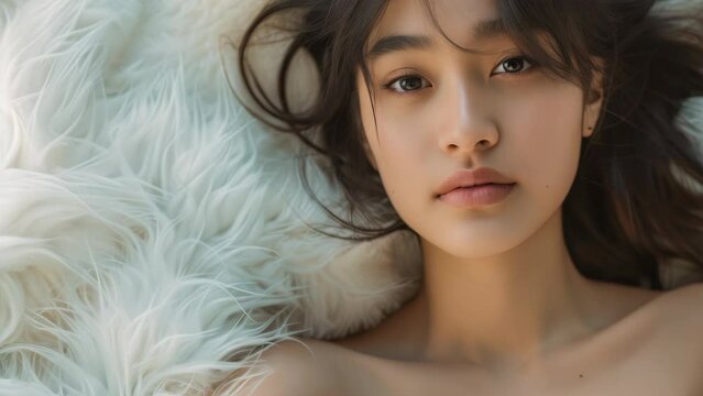 Beautiful asian woman lying on white fluffy bed, copy space for text banner for beauty and spa concept.