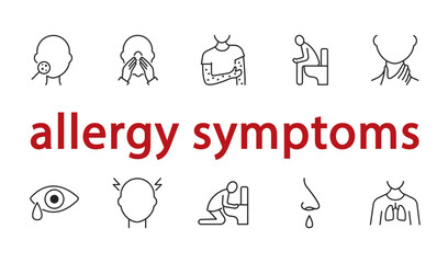 Allergy symptoms flat line icon set. Rectangular banner with allergy vector icons. Editable stroke