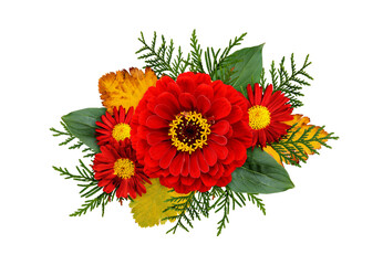 Autumn composithion with zinnia, chrysanthemum flowers and seasonal leaves isolated on white or...