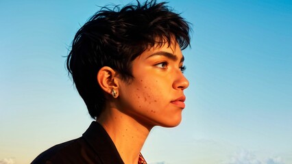 Non-binary person in profile with soft gaze directed into the distance